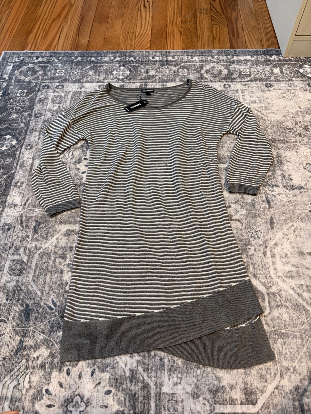 Express Gray & White Striped Tunic sweater Dress with Asymmetrical Hem